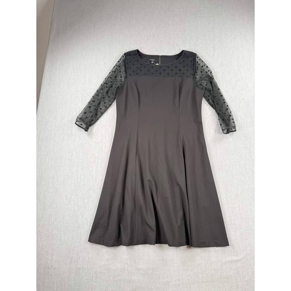 Talbots Black Mesh Polka Dot Sleeve Fit and Flare‎ Dress Size 14 NWT